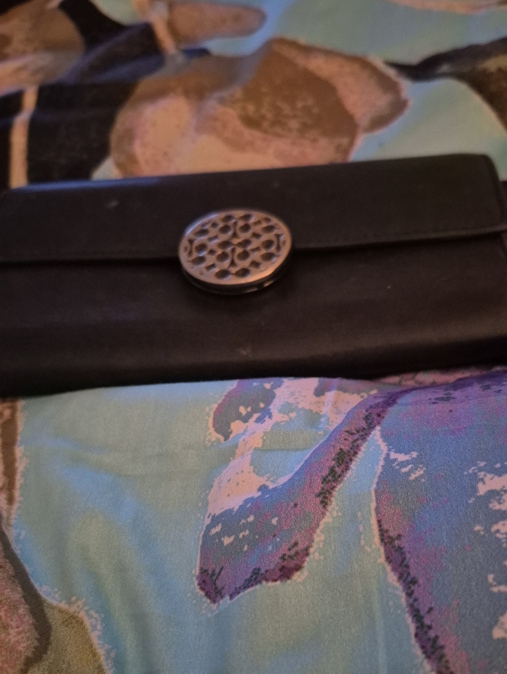 Coach Black Leather Long Wallet with Decorative Round Toggle